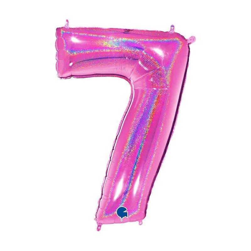 BALLON METALLIQUE CHIFFRE 7 HOLOGRAPHIQUE GLITTER ROSE FUCHSIA 102CM 
