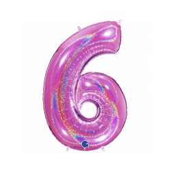BALLON METALLIQUE CHIFFRE 6 HOLOGRAPHIQUE GLITTER ROSE FUCHSIA 102CM 