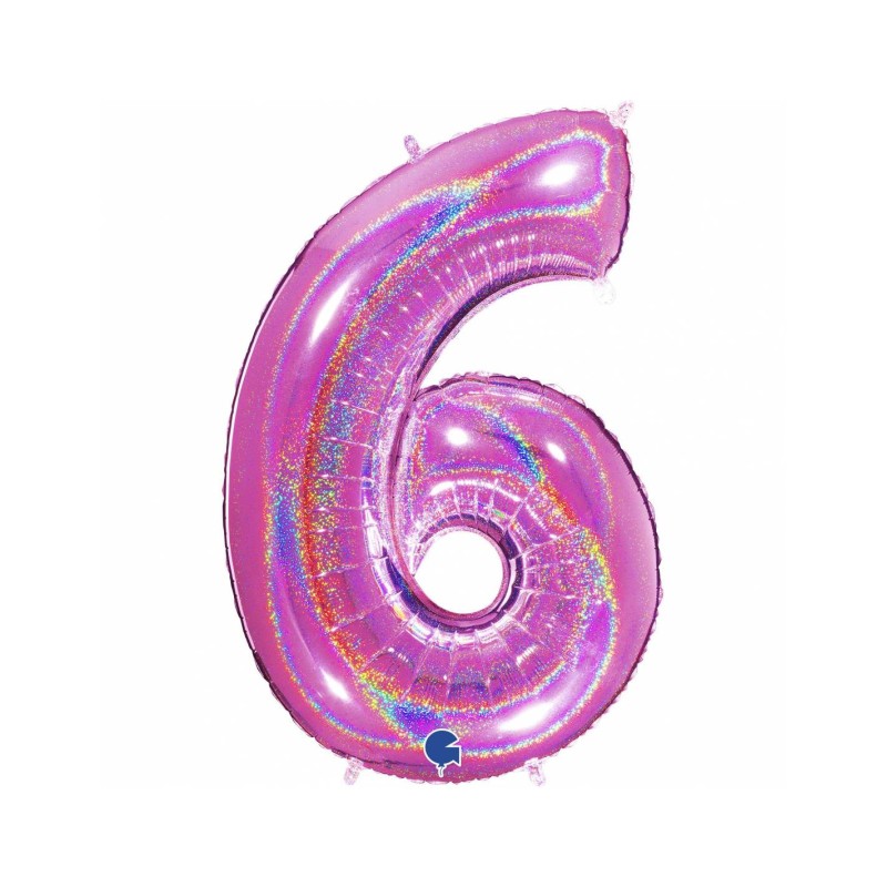 BALLON METALLIQUE CHIFFRE 6 HOLOGRAPHIQUE GLITTER ROSE FUCHSIA 102CM 