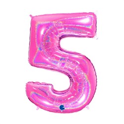BALLON METALLIQUE CHIFFRE 5 HOLOGRAPHIQUE GLITTER ROSE FUCHSIA 102CM 