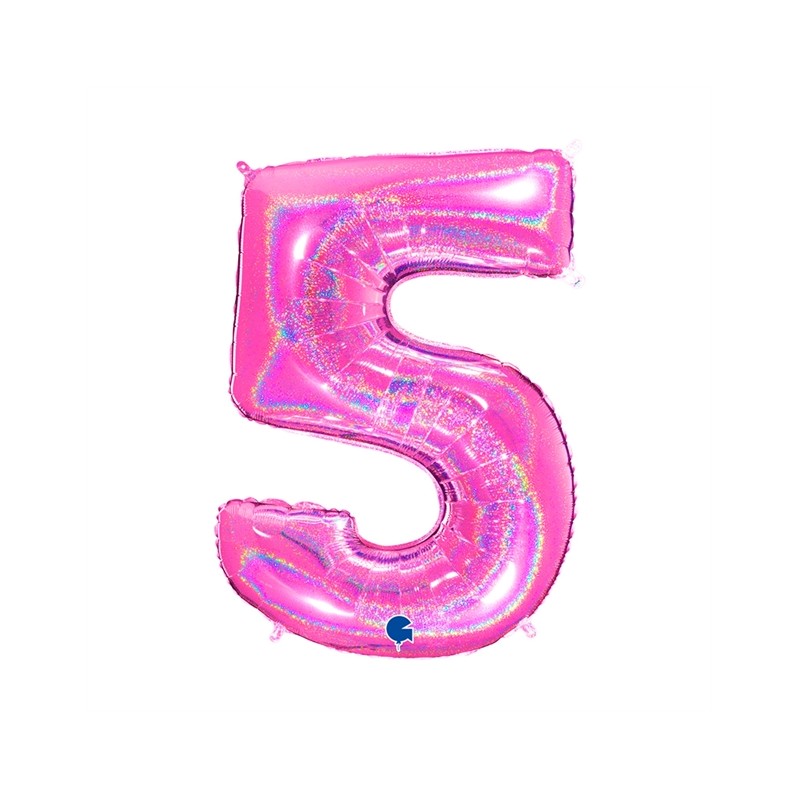 BALLON METALLIQUE CHIFFRE 5 HOLOGRAPHIQUE GLITTER ROSE FUCHSIA 102CM 