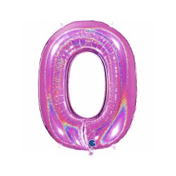 BALLON METALLIQUE CHIFFRE 0 HOLOGRAPHIQUE GLITTER ROSE FUCHSIA 102CM 