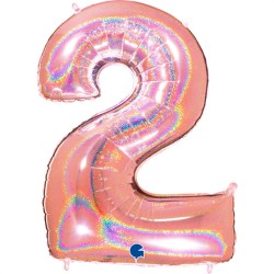 BALLON METALLIQUE CHIFFRE 2 ROSE GOLD HOLOGRAPHIQUE 102CM