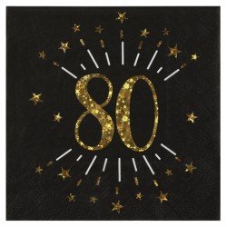10 SERVIETTES ETINCELANT METAL OR 80 ANS NOIR 33 X 33 CM