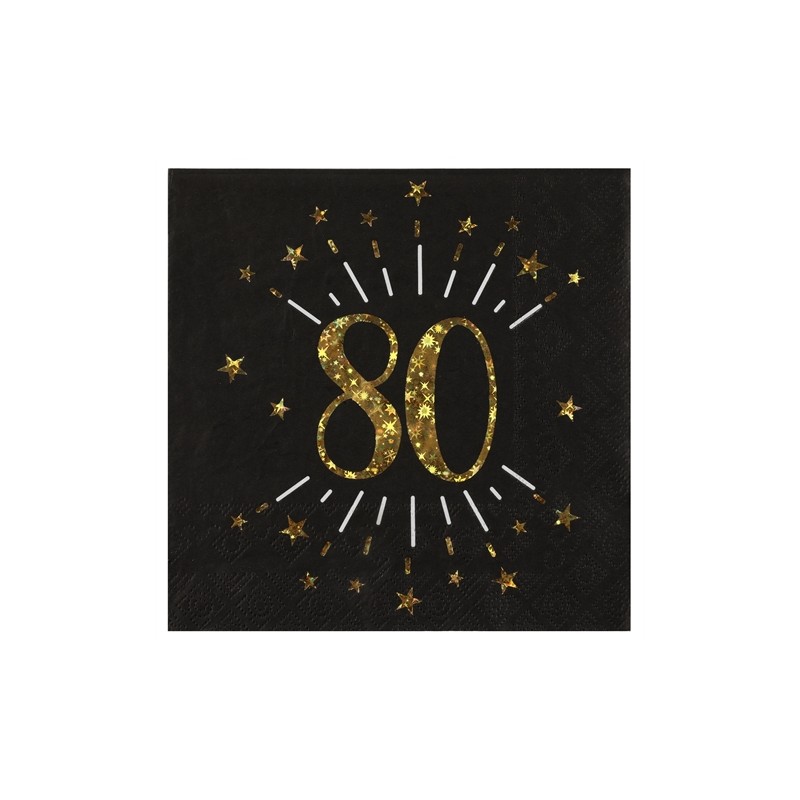 10 SERVIETTES ETINCELANT METAL OR 80 ANS NOIR 33 X 33 CM