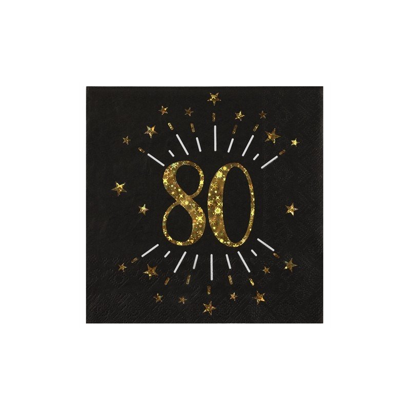 10 SERVIETTES ETINCELANT METAL OR 80 ANS NOIR 33 X 33 CM