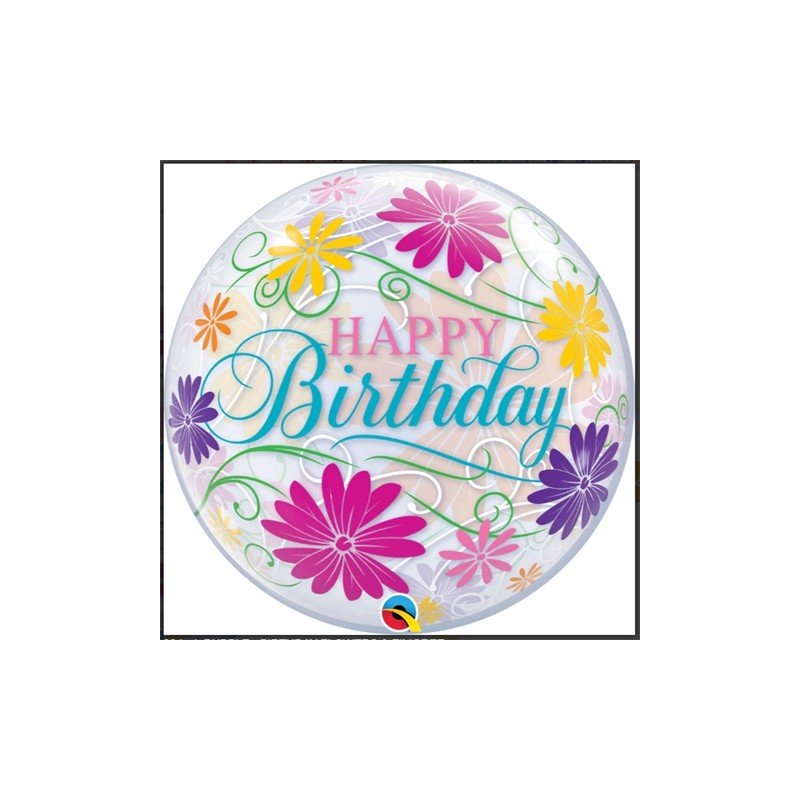 BALLON BUBBLES HAPPY BIRTHDAY FLEURS MULTICOLORES 56 CM 