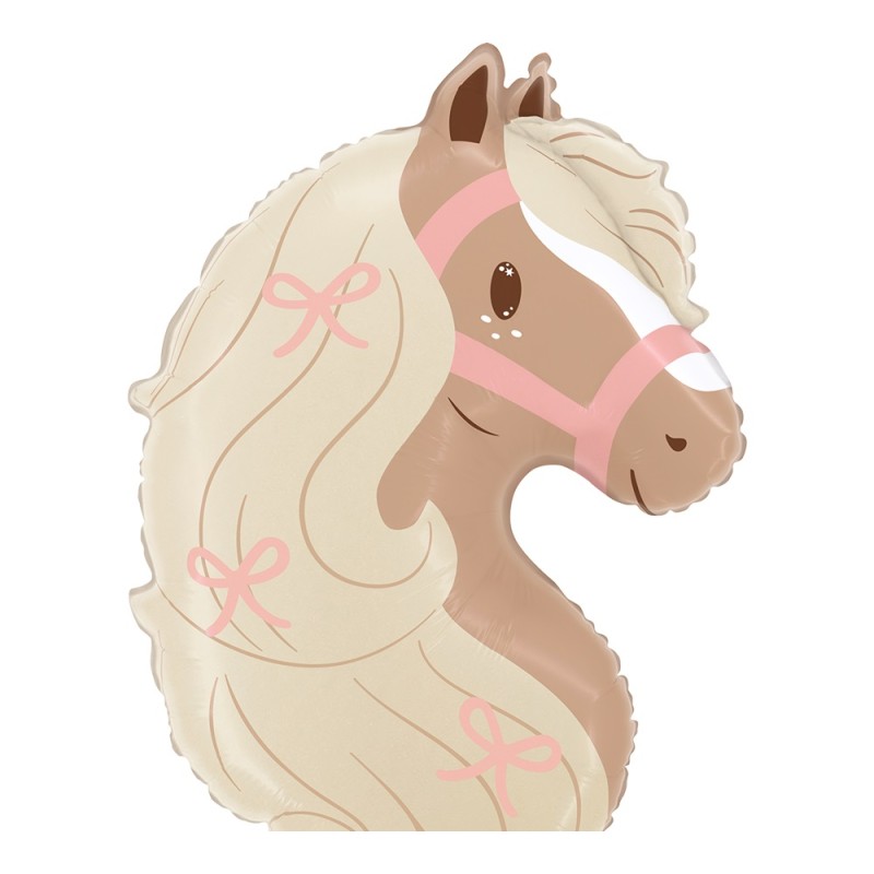 BALLON METALLIQUE TETE DE CHEVAL OU PONEY MARRON CLAIR BEIGE ET ROSE 58 CM