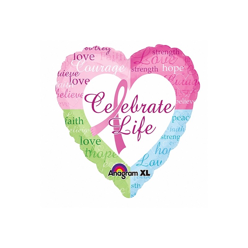 BALLON METALLIQUE COEUR OCTOBRE ROSE CELEBRATE LIFE 43 CM