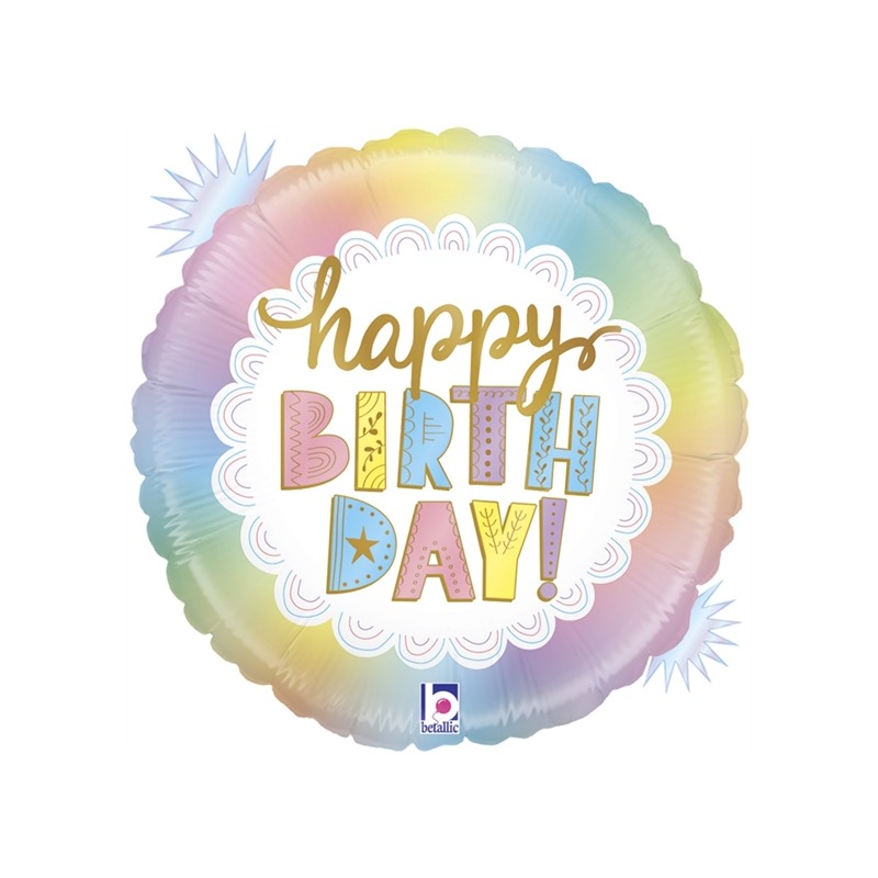 BALLON METALLIQUE ROND HAPPY BIRTHDAY OPAL COULEURS PASTELS 46 CM 