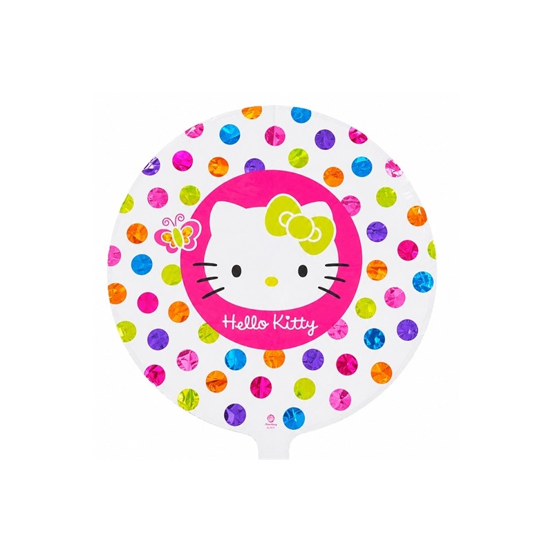 BALLON METALLIQUE ROND HELLO KITTY POIS MULTICOLORES 46 CM