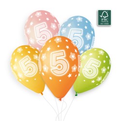 5 BALLONS BIO LATEX CHIFFRE 5 MULTICOLORE PASTEL