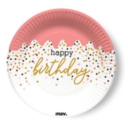 8 ASSIETTES RONDES HAPPY BRITHDAY ROSE PASTEL ET POIS 18 CM