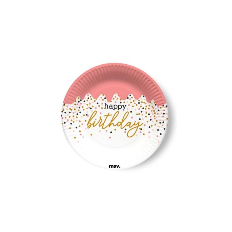 8 ASSIETTES RONDES HAPPY BRITHDAY ROSE PASTEL ET POIS 18 CM