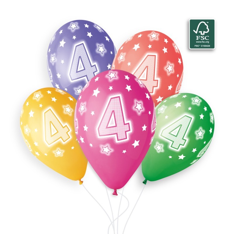 6 BALLONS BIO LATEX CHIFFRE 4 MULTICOLORE 