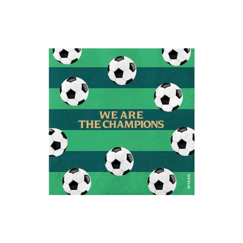20 SERVIETTES BALLONS DE FOOT SUR FOND VERT WE ARE THE CHAMPION 33 X 33 CM 