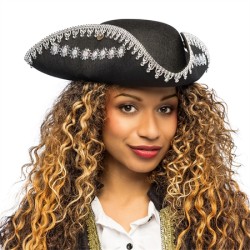 CHAPEAU TRICORNE PIRATE NOIR GALLON NOIR ET ARGENT ALISTAIR