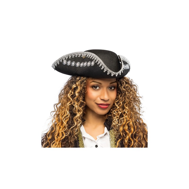 CHAPEAU TRICORNE PIRATE NOIR GALLON NOIR ET ARGENT ALISTAIR