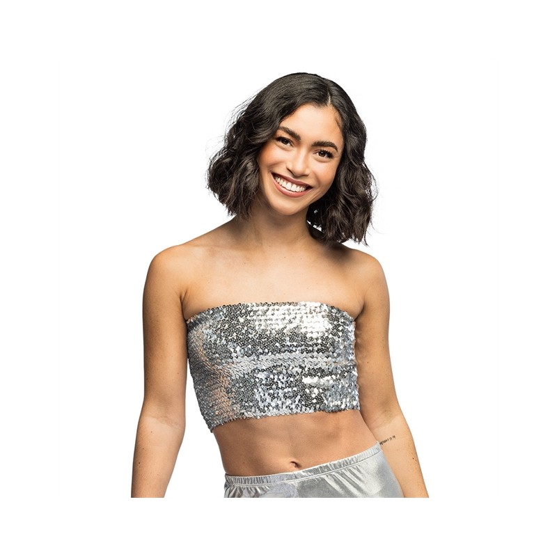 TOP FESTIVAL SEQUINS PAILLETTES ARGENT ELASTIQUE