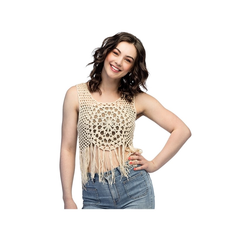 TOP FESTIVAL EN CROCHET COULEUR NATURELLE AVEC FRANGES
