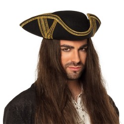 CHAPEAU TRICORNE PIRATE FEUTRE NOIR GALLON OR PIRATE ROYALE FORTUNE