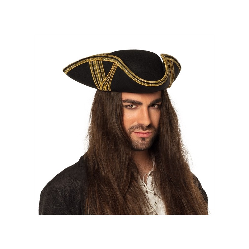CHAPEAU TRICORNE PIRATE FEUTRE NOIR GALLON OR PIRATE ROYALE FORTUNE
