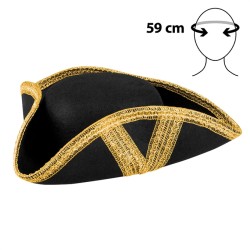 CHAPEAU TRICORNE PIRATE FEUTRE NOIR GALLON OR PIRATE ROYALE FORTUNE
