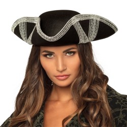 CHAPEAU TRICORNE PIRATE FEUTRE NOIR GALLON ARGENT PIRATE ROYALE FORTUNE