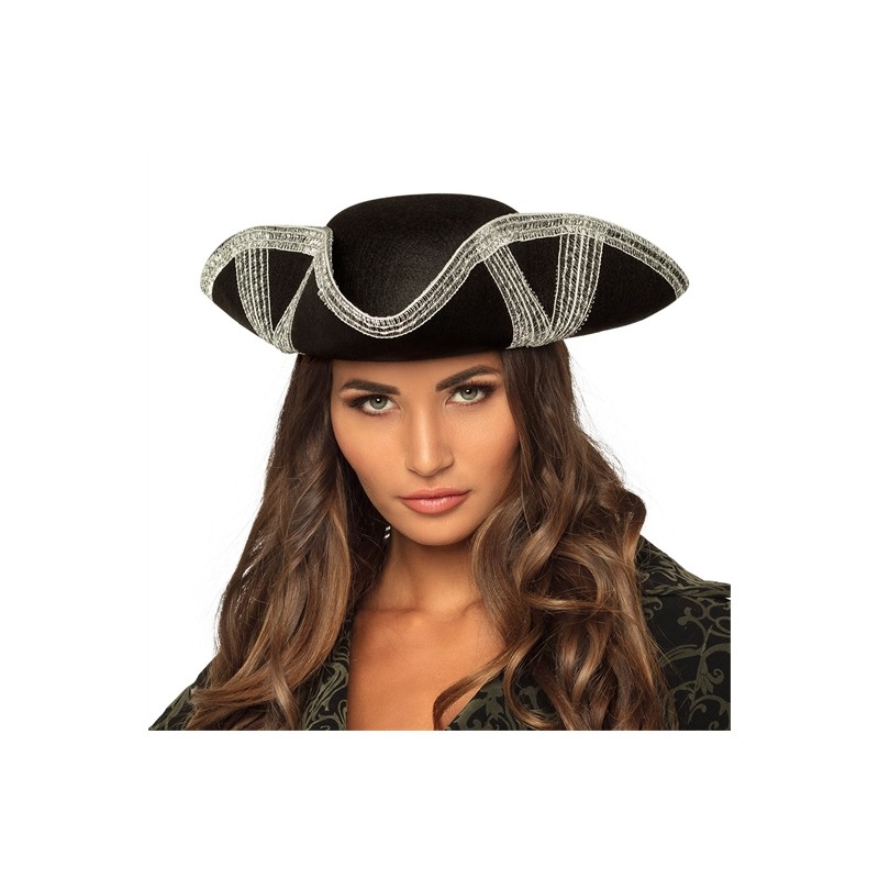 CHAPEAU TRICORNE PIRATE FEUTRE NOIR GALLON ARGENT PIRATE ROYALE FORTUNE