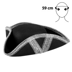 CHAPEAU TRICORNE PIRATE FEUTRE NOIR GALLON ARGENT PIRATE ROYALE FORTUNE