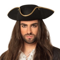 CHAPEAU TRICORNE FEUTRE NOIR PIRATE BORDURE OR AMIRAL HENRY