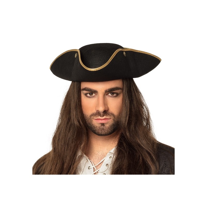 CHAPEAU TRICORNE FEUTRE NOIR PIRATE BORDURE OR AMIRAL HENRY
