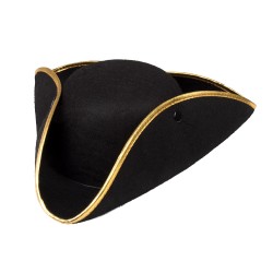 CHAPEAU TRICORNE FEUTRE NOIR PIRATE BORDURE OR AMIRAL HENRY