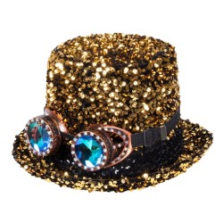 CHAPEAU HAUT DE FORME NOIR AVEC PAILLETTE OR ET LUNETTES STEAMPUNK