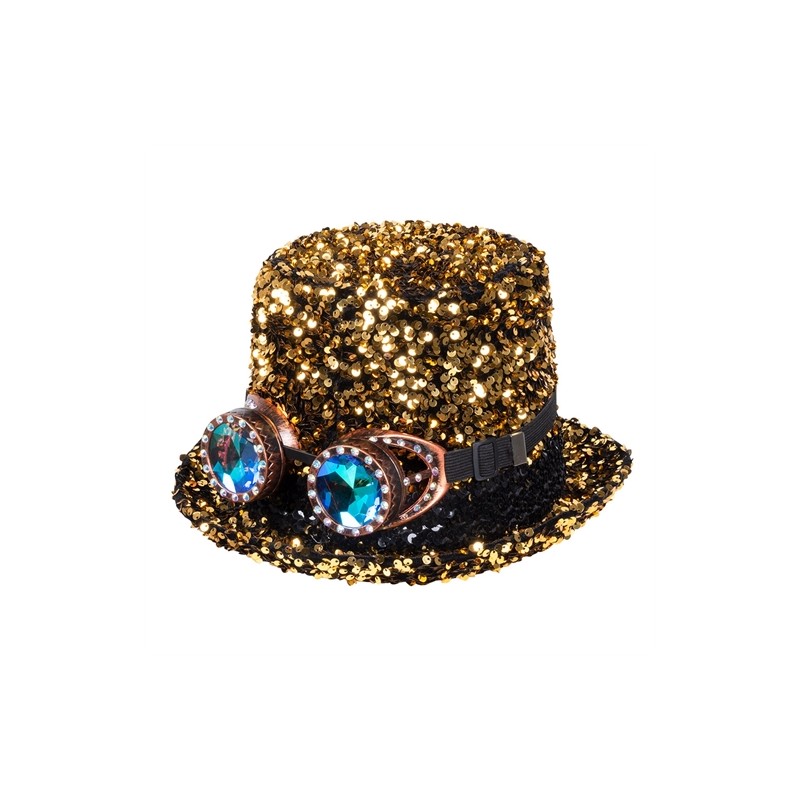 CHAPEAU HAUT DE FORME NOIR AVEC PAILLETTE OR ET LUNETTES STEAMPUNK