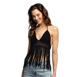 TOP FESTIVAL DOS NU CROCHET NOIR AVEC LONGUES FRANGES
