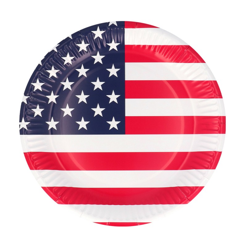 10 ASSIETTES RONDES DRAPEAU AMERICAIN USA CARTON COMPOSTABLE 23 CM