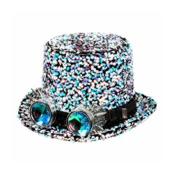 CHAPEAU HAUT DE FORME NOIR AVEC PAILLETTES OU SEQUINS ARGENT LUNETTES STEAMPUNK
