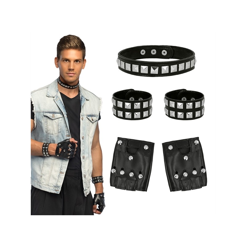SET PUNK COLLIER 2 BRACELETS 2 GANTS