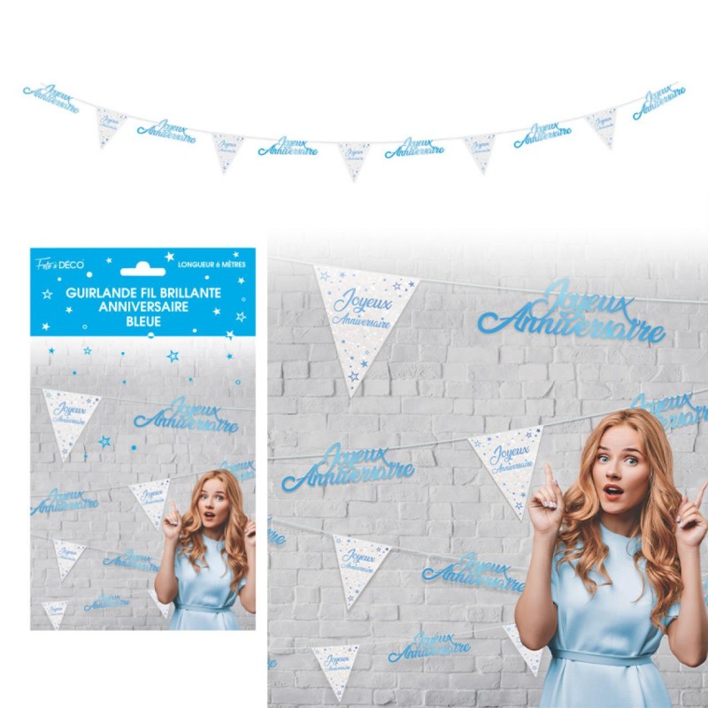 GUIRLANDE FIL JOYEUX ANNIVERSAIRE FANIONS ET LETTRES BLEU 6 METRES