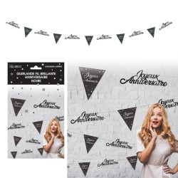 GUIRLANDE FIL JOYEUX ANNIVERSAIRE FANIONS ET LETTRES NOIR ET ARGENT 6 METRES