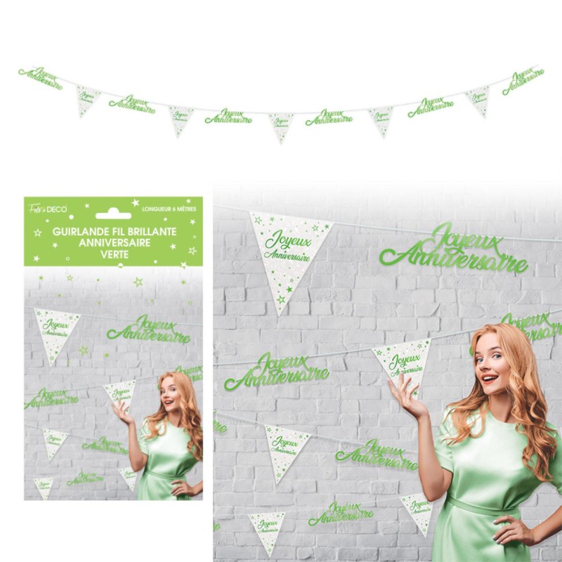 GUIRLANDE FIL JOYEUX ANNIVERSAIRE FANIONS ET LETTRES VERT ET BLANC 6 METRES