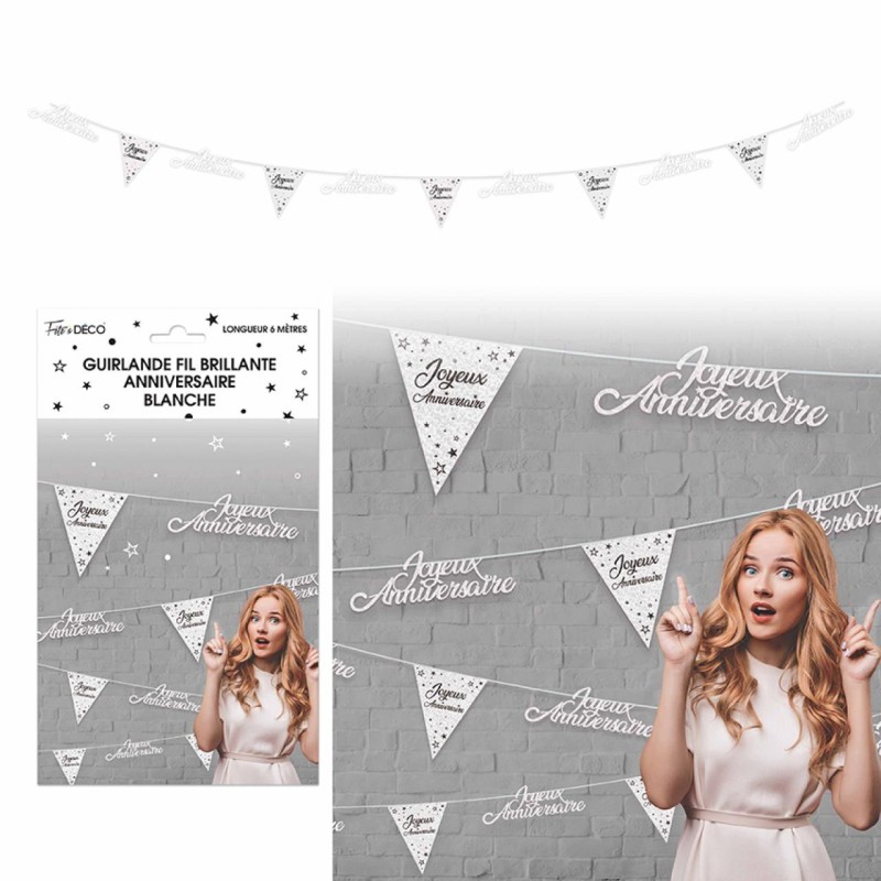 GUIRLANDE FIL JOYEUX ANNIVERSAIRE FANIONS ET LETTRES BLANC 6 METRES