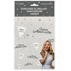 GUIRLANDE FIL JOYEUX ANNIVERSAIRE FANIONS ET LETTRES BLANC ET ARGENT 6 METRES