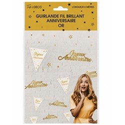 GUIRLANDE FIL JOYEUX ANNIVERSAIRE FANIONS ET LETTRES OR ET BLANC 6 METRES