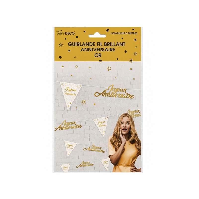 GUIRLANDE FIL JOYEUX ANNIVERSAIRE FANIONS ET LETTRES OR ET BLANC 6 METRES