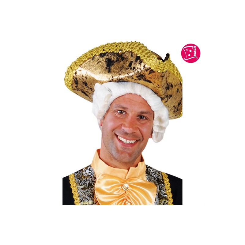 CHAPEAU TRICORNE PIRATE OU MARQUIS OR ET NOIR AVEC GALON EN TISSU