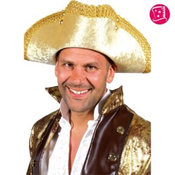 CHAPEAU TRICORNE PIRATE OU MARQUIS OR ET NOIR AVEC GALON EN TISSU