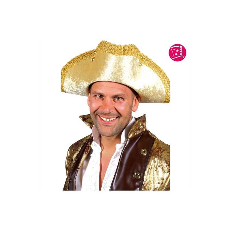 CHAPEAU TRICORNE PIRATE OU MARQUIS OR ET NOIR AVEC GALON EN TISSU