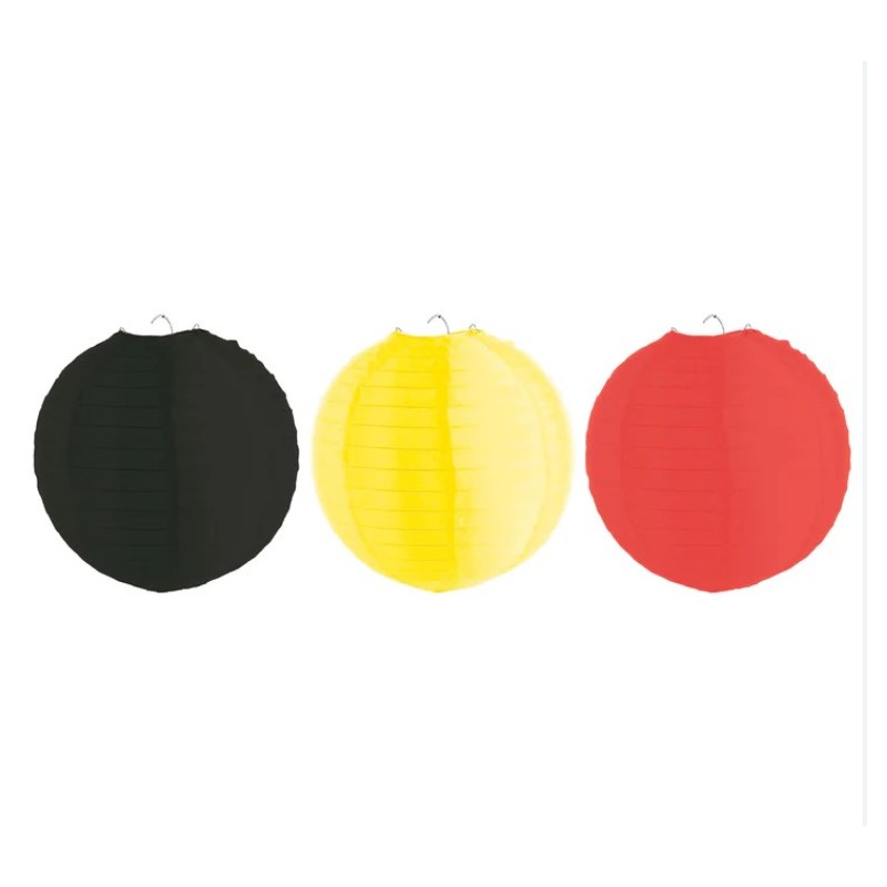 3 LANTERNES JAPONAISES EN NYLON DIAMETRE 30 CM NOIR JAUNE ROUGE